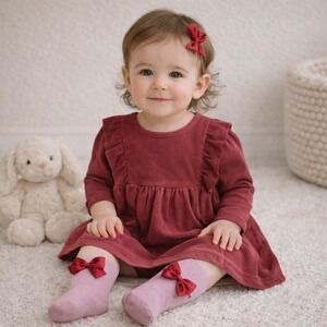 Kit + Pearl Burgundy Corduroy Ruffle Dress Bloomers‎ and Socks Set 12 Months